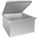Open-top metal storage box with a hinged lid lifted, showing a spacious rectangular interior and smooth metallic finish.