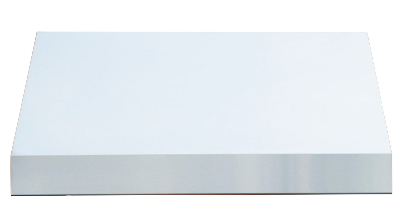 A minimalistic vent hood with a smooth white top and a reflective stainless steel trim, designed to complement modern kitchen aesthetics.