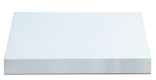 A minimalistic vent hood with a smooth white top and a reflective stainless steel trim, designed to complement modern kitchen aesthetics.