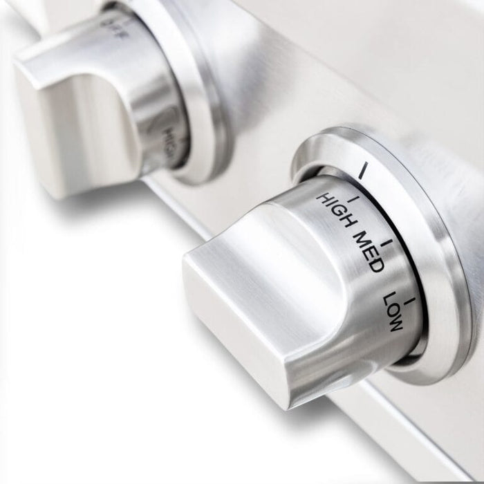 Close-up of stainless steel control knobs showing high, medium, and low heat settings for precise cooking control.