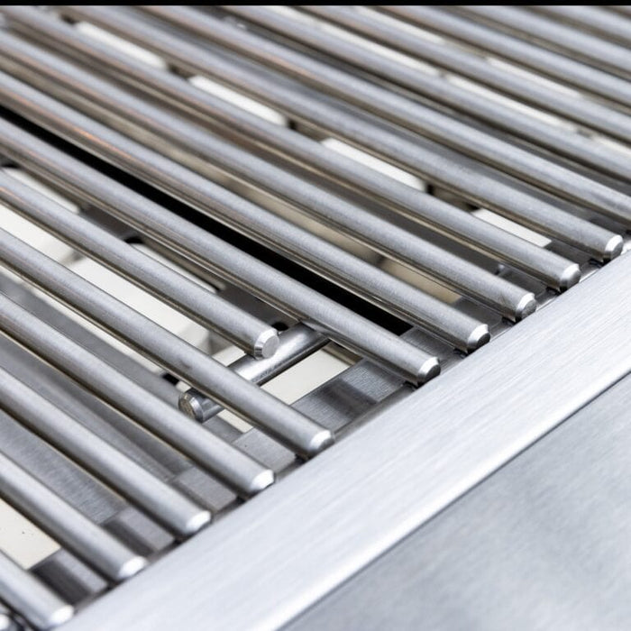 Close-up of stainless steel grill grates showing durable round rods and polished surface.