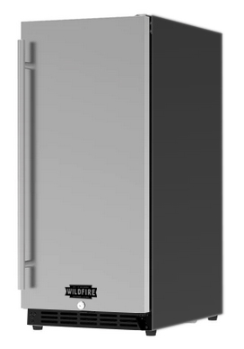Stainless steel outdoor refrigerator with solid front door, vertical handle, black side panels, and vented base.