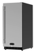 Stainless steel outdoor refrigerator with solid front door, vertical handle, black side panels, and vented base.