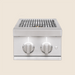 Stainless steel outdoor grill with two illuminated control knobs and cooking grates designed for precise heat control.
