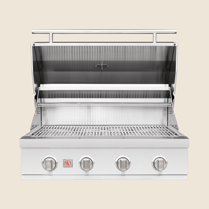Stainless steel outdoor grill with open hood, four control knobs, and spacious cooking grates.