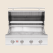 Stainless steel outdoor grill with open hood, four control knobs, and spacious cooking grates.