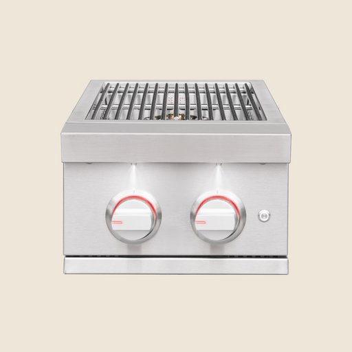 Stainless steel outdoor grill with two illuminated red control knobs and metal cooking grates for precise heat management.