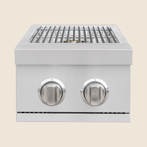 Front view of stainless steel outdoor grill side burner with two control knobs and sturdy cooking grates.