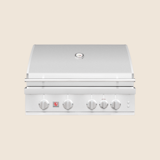 Stainless steel outdoor gas grill with five control knobs and built-in temperature gauge on the hood.