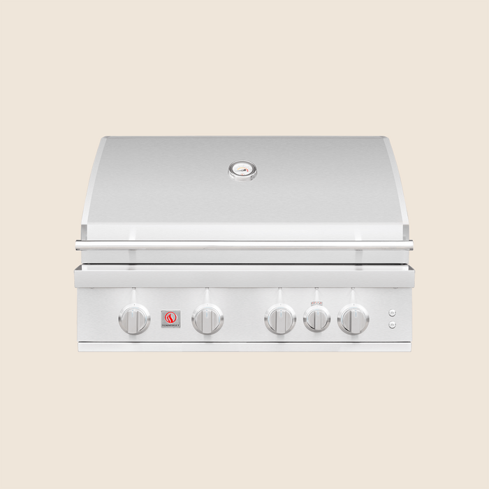 Stainless steel outdoor gas grill with five control knobs and built-in temperature gauge on the hood.
