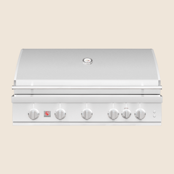 Stainless steel outdoor gas grill with six control knobs and built-in temperature gauge on the lid.