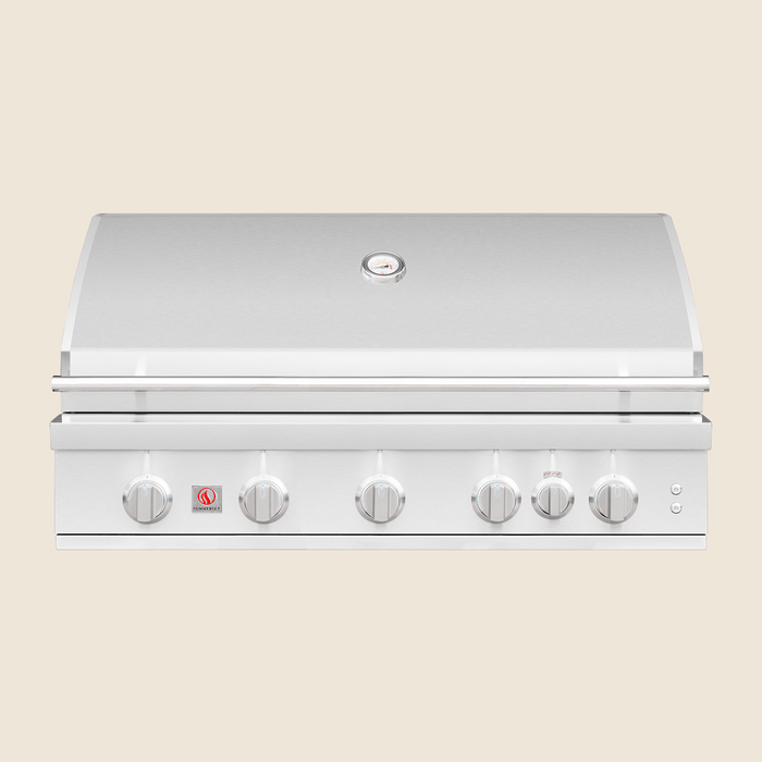 Stainless steel outdoor gas grill with six control knobs and built-in temperature gauge on the lid.