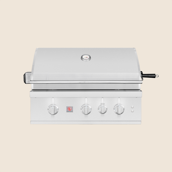 Stainless steel outdoor gas grill with four control knobs, built-in thermometer, and side rotisserie handle.