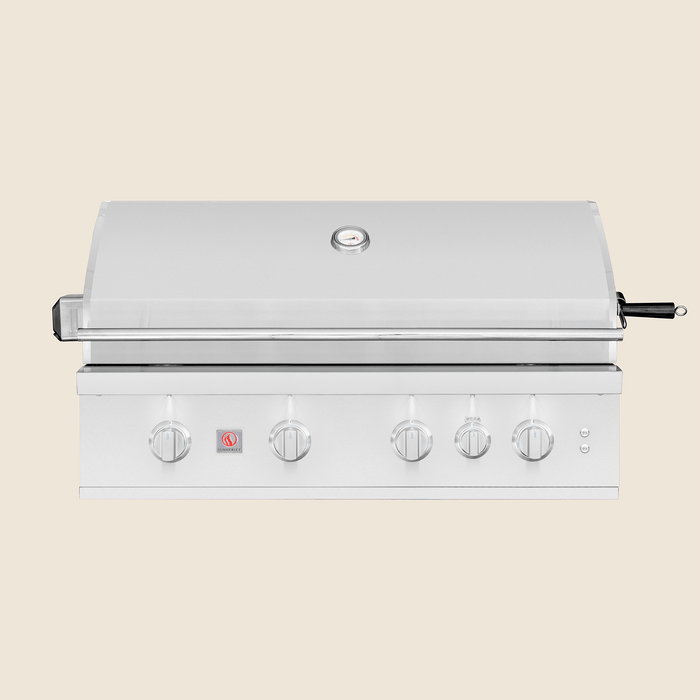 Stainless steel outdoor gas grill with five control knobs, built-in thermometer, and side rotisserie handle.
