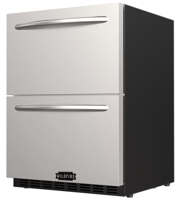Stainless steel outdoor refrigerator with two stacked drawers, curved handles, black side panels, and vented base.