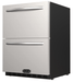Stainless steel outdoor refrigerator with two stacked drawers, curved handles, black side panels, and vented base.