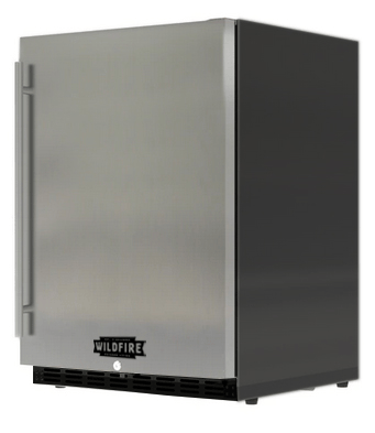 Compact stainless steel outdoor refrigerator with brushed metal door, vertical handle, black side panels, and front ventilation grille.