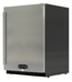 Compact stainless steel outdoor refrigerator with brushed metal door, vertical handle, black side panels, and front ventilation grille.