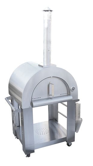 Stainless steel wood-fired pizza oven with a chimney, open storage shelf, temperature gauge, and side handles on a freestanding design