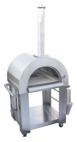 Freestanding stainless steel wood-fired pizza oven with a chimney, open cooking chamber, storage shelf, temperature gauge, and side handles