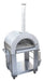 Freestanding stainless steel wood-fired pizza oven with a chimney, open cooking chamber, storage shelf, temperature gauge, and side handles