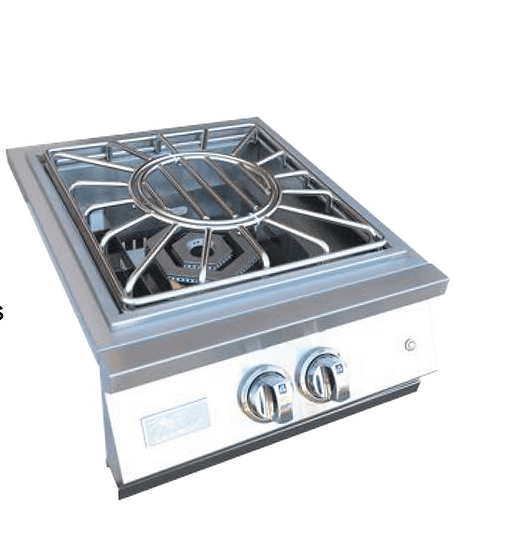 Stainless steel outdoor burner featuring dual control knobs, a removable grate, and a polished finish