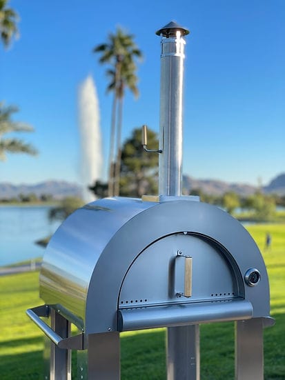 Stainless steel wood-fired pizza oven with a chimney in a scenic outdoor setting featuring a park, palm trees, and a fountain in the background