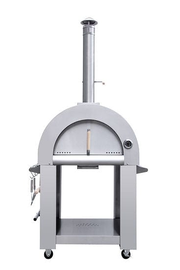 Front view of a freestanding stainless steel wood-fired pizza oven with a chimney, storage shelf, temperature gauge, and wheels for mobility