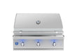 Stainless steel built-in grill with three control knobs, a thermometer on the lid, and LED-lit knobs, designed for outdoor cooking.