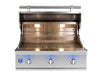 Stainless steel outdoor grill with lid open, featuring illuminated interior, grilling grates, and three control knobs with LED lights.