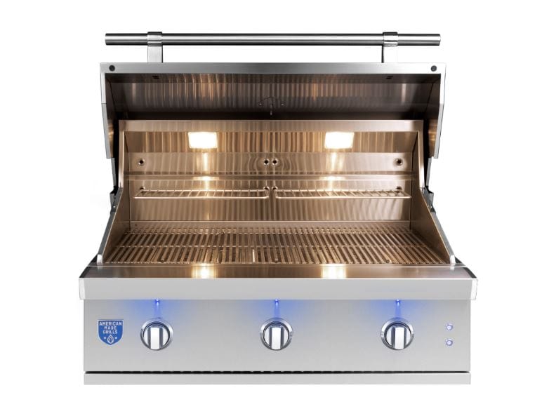 Stainless steel outdoor grill with lid open, featuring illuminated interior, grilling grates, and three control knobs with LED lights.