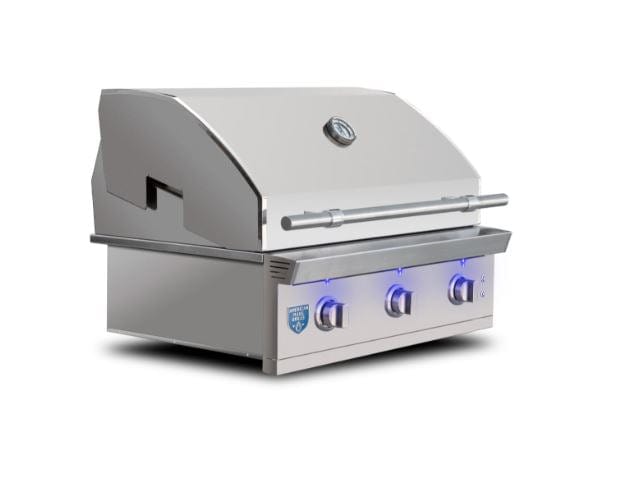 Angled view of a stainless steel built-in grill with a closed lid, thermometer, three LED-lit control knobs, and sleek design.