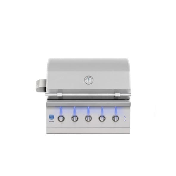 Front view of a stainless steel grill with a closed lid, thermometer, five LED-lit control knobs, and sleek modern design.