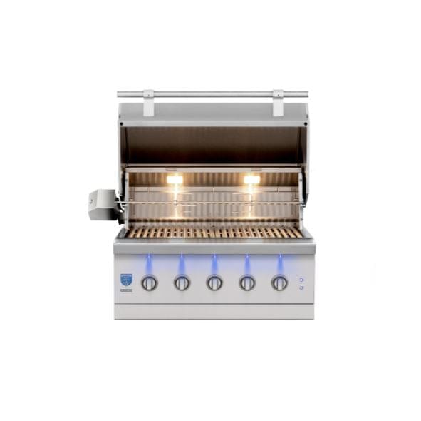 Front view of an open stainless steel grill with interior lights, cooking grates, warming rack, and five LED-lit control knobs.
