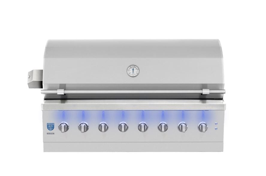 Front view of a large stainless steel grill with a closed lid, thermometer, and eight LED-lit control knobs for precise cooking control.