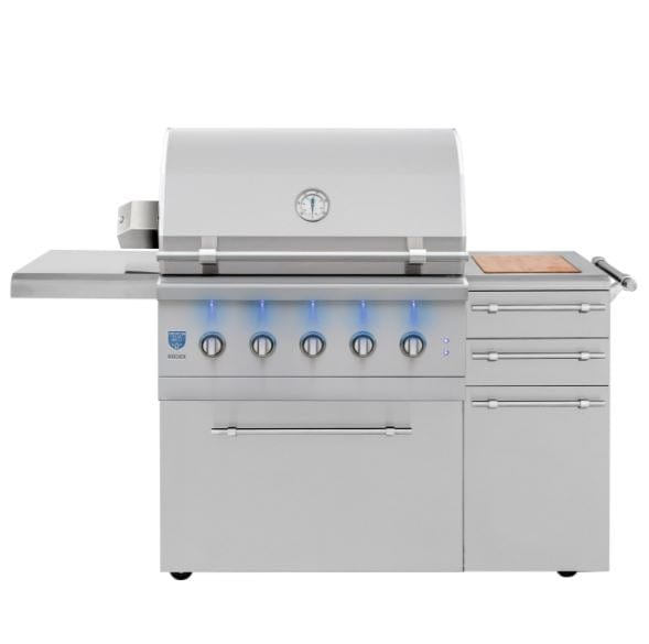 Freestanding stainless steel grill with a closed lid, built-in thermometer, five LED-lit knobs, side shelves, and storage drawers.