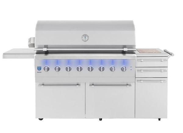 Large freestanding stainless steel grill with a closed lid, built-in thermometer, eight LED-lit knobs, side shelves, and storage drawers.