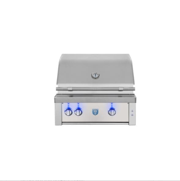 Compact stainless steel grill with a closed lid, built-in thermometer, and three LED-lit control knobs for outdoor cooking.