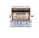 Stainless steel grill with an open lid, rotisserie attachment, dual lighting, cooking grates, and illuminated blue control knobs.
