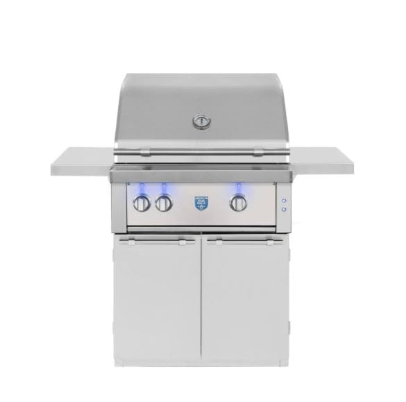 Stainless steel freestanding grill with closed lid, built-in thermometer, side shelves, storage cabinet, and illuminated blue knobs.