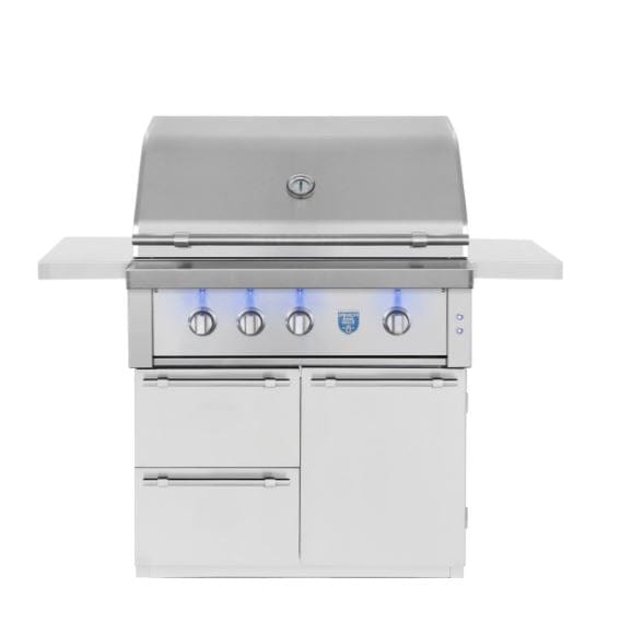 Freestanding stainless steel grill with closed lid, thermometer, side shelves, storage drawers and cabinets, and illuminated blue knobs.