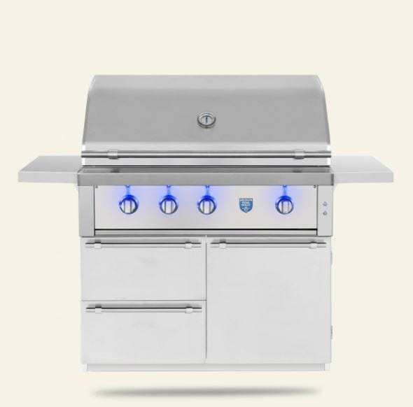 Freestanding stainless steel grill with a closed lid, thermometer, side shelves, storage cabinets, and illuminated blue control knobs.