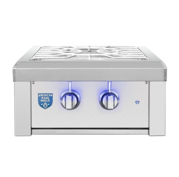 Stainless steel outdoor power burner with robust cooking grates, blue LED-illuminated control knobs, and a sleek modern design.