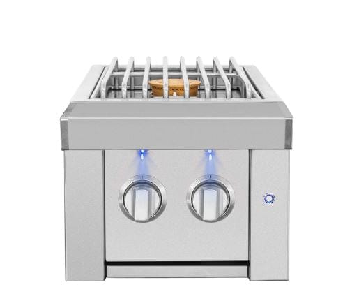 Stainless steel outdoor double burner with durable grates, blue LED-illuminated control knobs, and a compact, modern design.