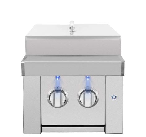 Stainless steel outdoor double burner with a closed lid, blue LED-illuminated control knobs, and a sleek, compact design.
