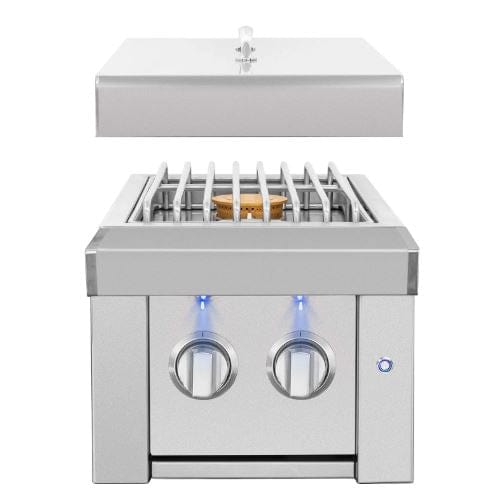 Stainless steel outdoor double burner with detachable lid, durable grates, blue LED-illuminated control knobs, and modern design.