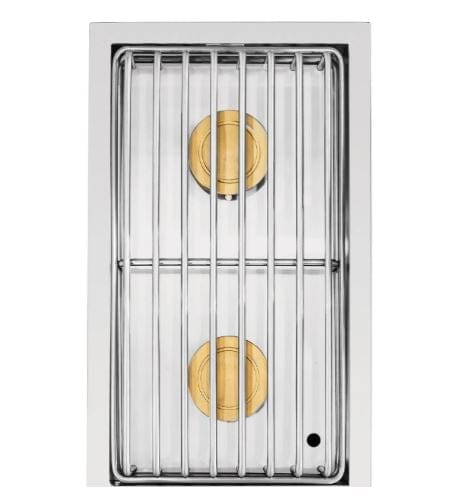 Top view of a stainless steel double burner with brass burners beneath sturdy grill grates, featuring a sleek and durable design.