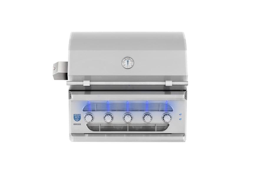 Front view of a stainless steel grill with a closed lid, built-in thermometer, LED-lit control knobs, and sleek modern design.