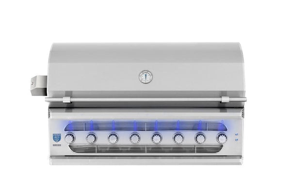 Front view of a large stainless steel grill with a closed lid, built-in thermometer, and seven LED-lit control knobs for precision cooking.