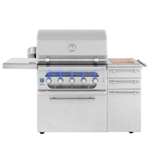 Freestanding stainless steel grill with a closed lid, built-in thermometer, five LED-lit knobs, side shelves, and storage drawers.